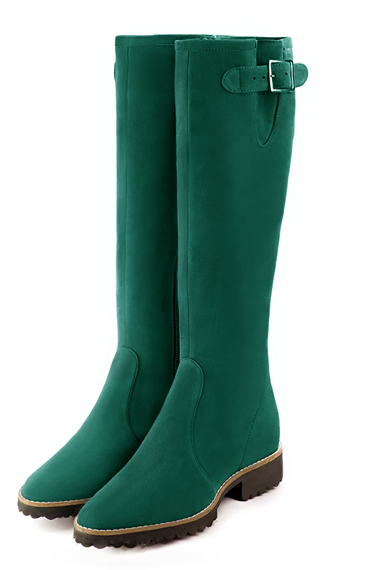 Emerald green women's knee-high boots with buckles. Round toe. Flat rubber soles. Made to measure - Florence KOOIJMAN